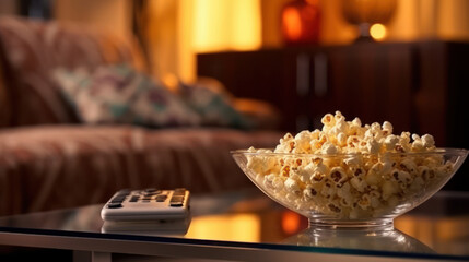 
A cozy evening scene with a glass bowl of popcorn and a remote control on a table, suggesting a relaxed movie night at home with a warm, inviting ambiance