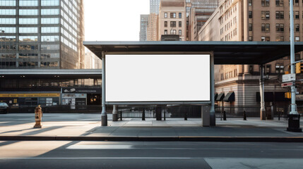 Urban scene with a large blank billboard for advertising, street bench, and cityscape backdrop on a clear day