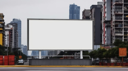 Obraz premium A blank white outdoor billboard mockup in an urban setting with high-rise buildings in the background. Ideal for advertising, marketing, and promotional designs, offering a large, empty space for you