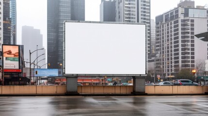 
Blank billboard on a foggy city street with cars and high-rises, ideal for advertising mockups and urban marketing displays