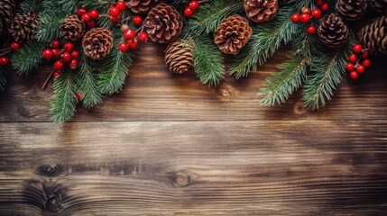 Elegant Christmas wreath adorned with pine cones and red berries, laid on a rustic wooden background, capturing the essence of holiday warmth