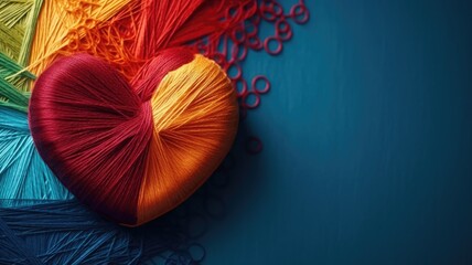 A heart-shaped piece made from colorful yarn threads on a blue textured background
