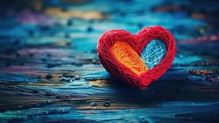 Colorful threads form a heart-shaped piece of art on a textured background - obrazy, fototapety, plakaty