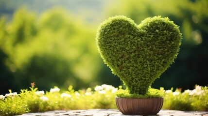 A heart-shaped topiary in a garden pot basks in the sunlight