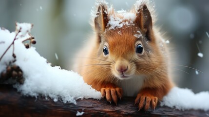 A curious red squirrel with fluffy tail peers keenly, nestled on a snowy branch, embodying winter’s serene charm