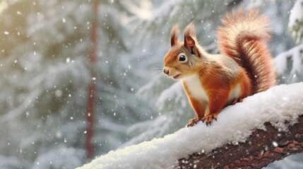 A curious red squirrel perches on a snow laden branch in a serene winter forest, its fluffy tail and bright eyes highlight its enchanting presence amidst falling snowflakes