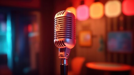 
A vintage microphone illuminated by warm bokeh lights, capturing the essence of a classic music...