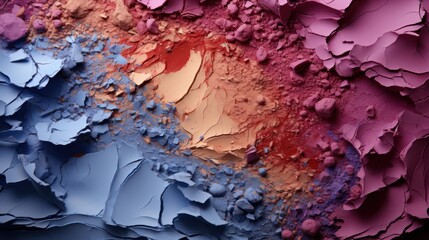 
A vivid canvas of crushed eyeshadows in shades of blue, beige, pink, and red, creating a dynamic and textured mosaic of makeup pigments - obrazy, fototapety, plakaty