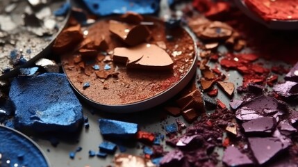 Close up of a shattered makeup palette with vibrant blue, red, purple, and brown eyeshadow powders spread across a surface