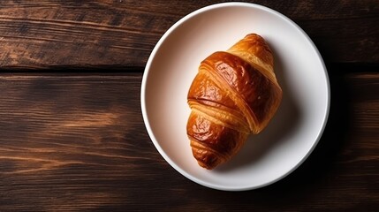 Fresh croissants on a wooden background. AI generated.