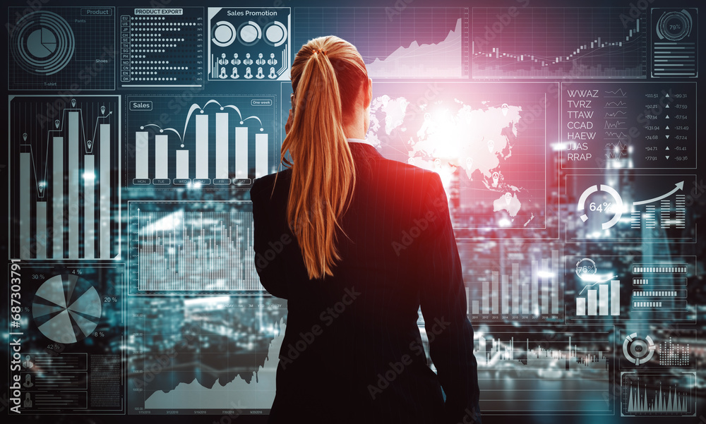 Poster data analysis for business and finance concept. interface showing future computer technology of prof