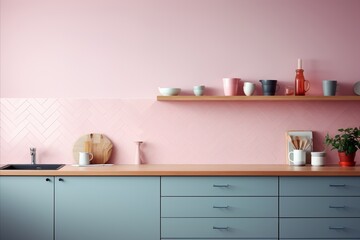 Scandinavian Pink Kitchen Cabinets with Wooden Countertop and Herringbone Tiled Backsplash