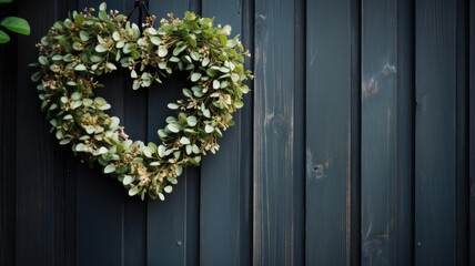 A floral heart-shaped wreath hangs on a dark wooden fence - obrazy, fototapety, plakaty