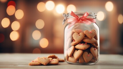Heart-shaped cookies in a glass jar tied with a red ribbon against a bokeh light background - Powered by Adobe
