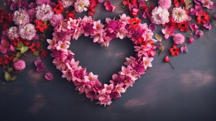 A heart-shaped wreath made of pink and red flowers on a dark background - obrazy, fototapety, plakaty