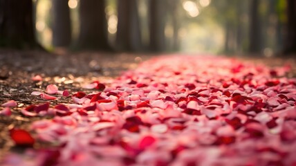 A romantic path covered in a multitude of red and pink rose petals - obrazy, fototapety, plakaty