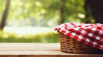 A picnic basket covered with a red and white checkered cloth on a wooden table - obrazy, fototapety, plakaty