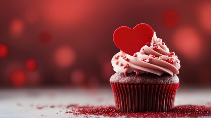 A red velvet cupcake with a heart-shaped topper amidst red sprinkles