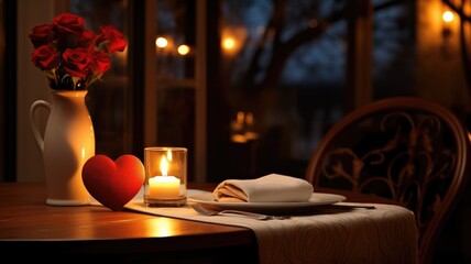 A romantic dinner setting with candles, roses, and a heart decoration
