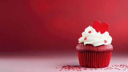A red velvet cupcake with white frosting and a red heart topper on a red backdrop