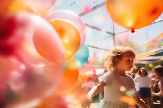 little girl celebrating birthday outdoors with colorful balloons flying around. Happy childhood concept. Generative AI