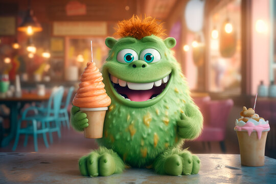Lovely Character and cupcake. Sweet life. Cute visitor is sitting in cafe. illustration for puzzle, kids menu, coffee shop, notebook, cover. Green fluffy monster and cake.
