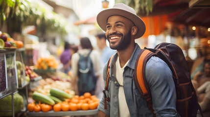Happy young black tourist man smiling, wearing a hat and a backpack, looking at the camera, standing on an open city marketplace surrounded by stands with products and customer people walking around - obrazy, fototapety, plakaty