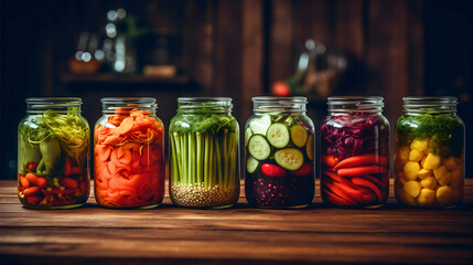 Set of glass jars or pots full of fresh organic and colorful vegetables from agricultural labor, placed on a wooden table indoors, in a kitchen. Pickled healthy vegetarian food, homemade products - obrazy, fototapety, plakaty