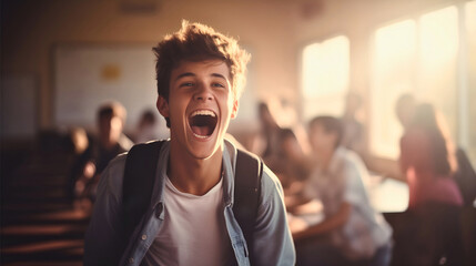 Young and handsome male student, teenage boy wearing a backpack, screaming from happiness in a classroom. Last day of school concept, summer holiday, finished education - obrazy, fototapety, plakaty