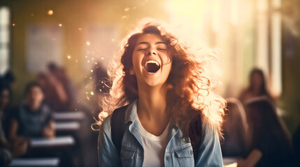 Young and beautiful female student, teenage girl wearing a backpack, screaming from happiness in a classroom. Last day of school concept, summer holiday, finished education - obrazy, fototapety, plakaty