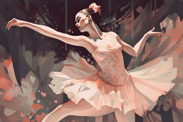 Ballet dancers gracefully perform a dance, showcasing exquisite movements and poise. Beauty, precision, and artistry of ballet as the dancers express themselves through the fluidity of motion. - obrazy, fototapety, plakaty