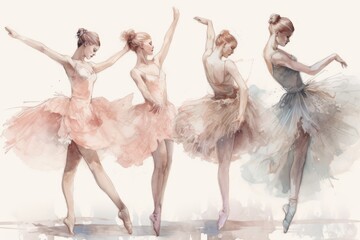 Ballet dancers gracefully perform a dance, showcasing exquisite movements and poise. Beauty, precision, and artistry of ballet as the dancers express themselves through the fluidity of motion. - obrazy, fototapety, plakaty