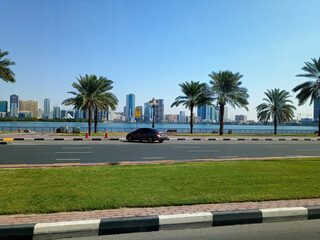 United Arab Emirates. Sharjah street. Beautiful sunny day in UAE.