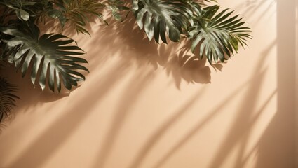 Beige wall and tropical plants, sun shade on the wall