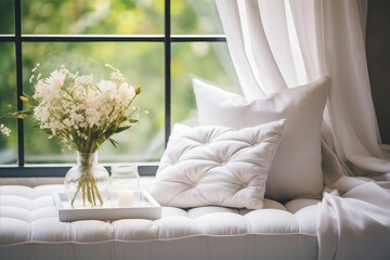 French Country Living Room. White Fabric Sofa with Beige Linen Pillow - Modern Interior Design