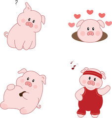 Stickers with a pink pig that performs various movements
