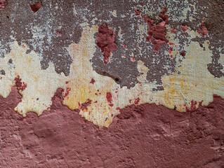 Weathered cement wall with flaking and peeling paint. Abstract grunge wall texture background. Aged concrete wall with copy space.