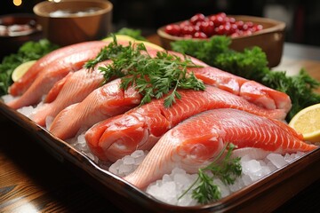 Fresh red fish fillet in ice on the counter of a store for seafood lovers