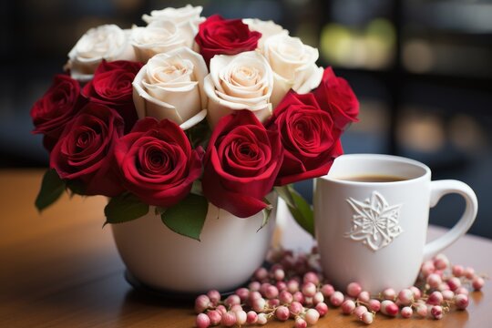 Bouquet Of Roses With A Cup Of Coffee On The Table