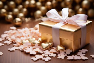 Fototapeta na wymiar Valentine's Day Gift Box An elegant gold box wrapped in a ribbon bow for romantic celebrations