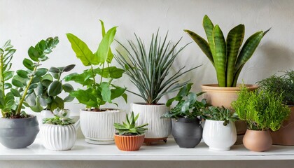 collection of various houseplants displayed in ceramic pots with background potted exotic house plants on white shelf against white wall home garden banner