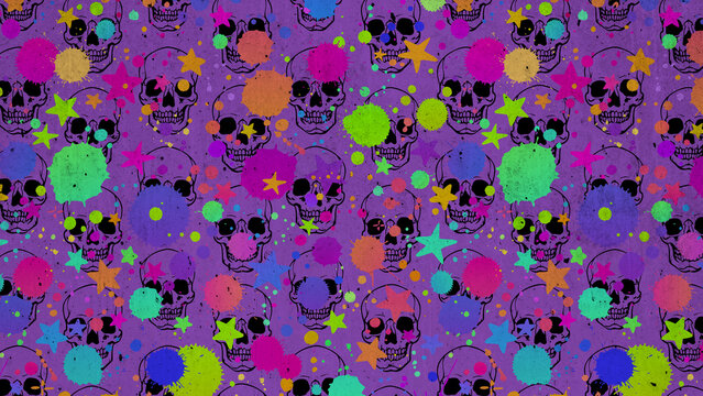 Illustration with skulls and colorful splashes