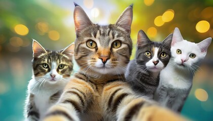a group of cats taking a selfie on a blurred background generative ai