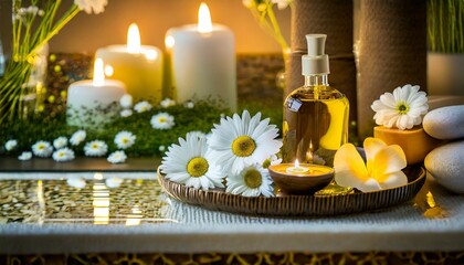 Fototapeta na wymiar spa decoration with candle daisies white flowers and a bottle with massage oil beauty wellness centre spa product are placed in luxury spa resort room