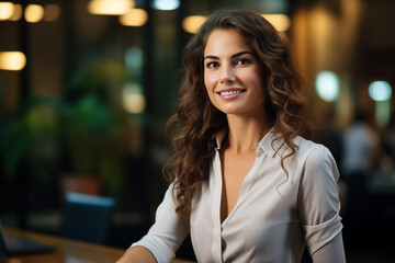 Obraz premium Bellissima donna manager sorridente con capelli lunghi in un moderno ufficio con abito elegante