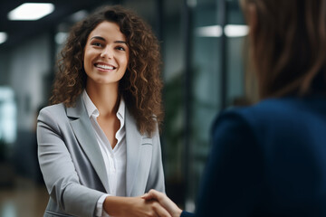 Bellissima donna con capelli ricci in un moderno ufficio con abito elegante mentre stringe la mano di un cliente