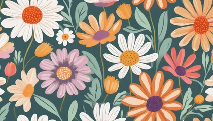 Foto op Canvas trendy floral seamless pattern vintage 70s style hippie flower background design colorful pastel color groovy artwork y2k nature backdrop with daisy flowers © Irene