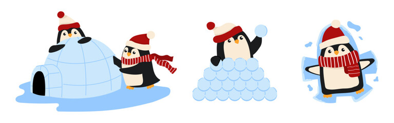 A set of cute Christmas penguins playing with snow and making igloo.