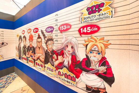tokyo, odaiba  - dec 22 2018: Jump Shop with characters from manga series Boruto, Yuragi-sou no Yuuna-san, Black Clover, Hinomaru Sumo, Haikyu!!, Demon Slayer and My Hero Academia ranked by body size.