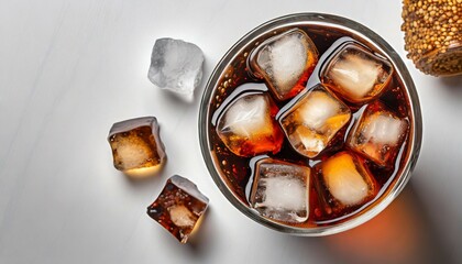 cola with ice cubes in glass top view on white background - obrazy, fototapety, plakaty